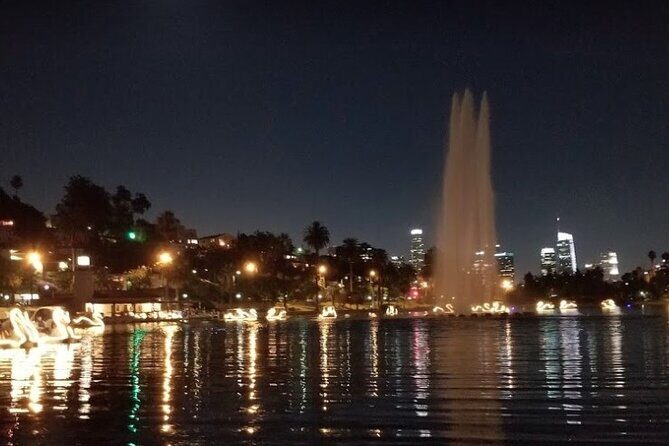 Swan Boat Night Ride at Echo Park Lake - The route on the lake: LED lights, fountain jets, and Downtown LA views